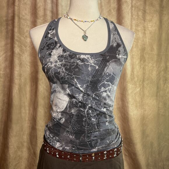 Wet Seal Tops - Vintage Y2K Tank Top Rhinestone Guitar Cut Out Back Sleeveless Indie Sleaze Punk